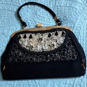 VTG 40's black wool felt purse with floral and beaded embellishments